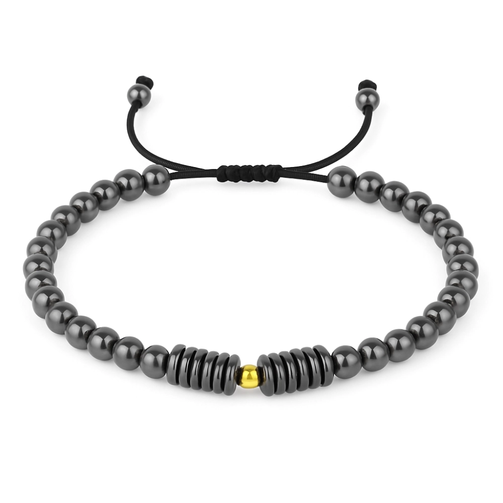 دستبند تک گوی طلا با مهرههای سنگ حدید کد 100130 دستبند تک گوی طلا با مهرههای سنگ حدید کد 100130