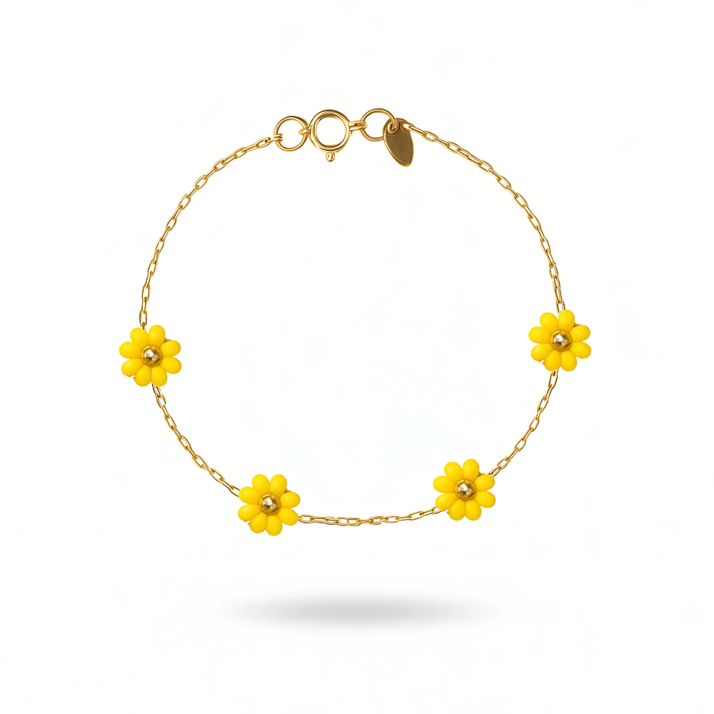 دستبند طلا گل بابونه رنگی کد 100151 دستبند طلا گل بابونه رنگی کد 100151