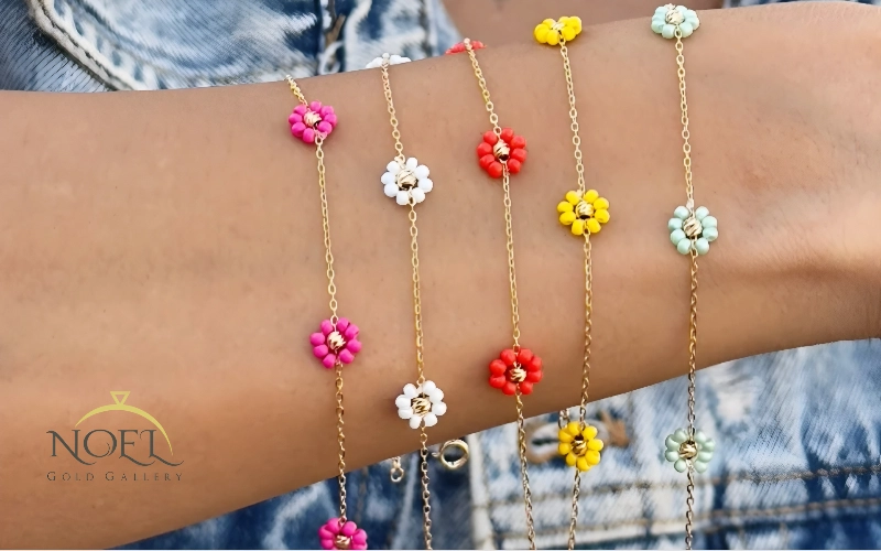 دستبند طلا گل بابونه رنگی کد &zwnj;100151