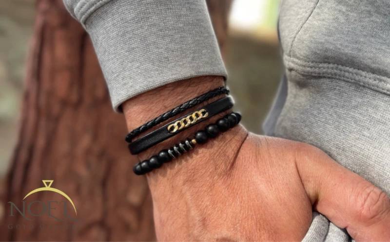 دستبند طلا چرم مردانه